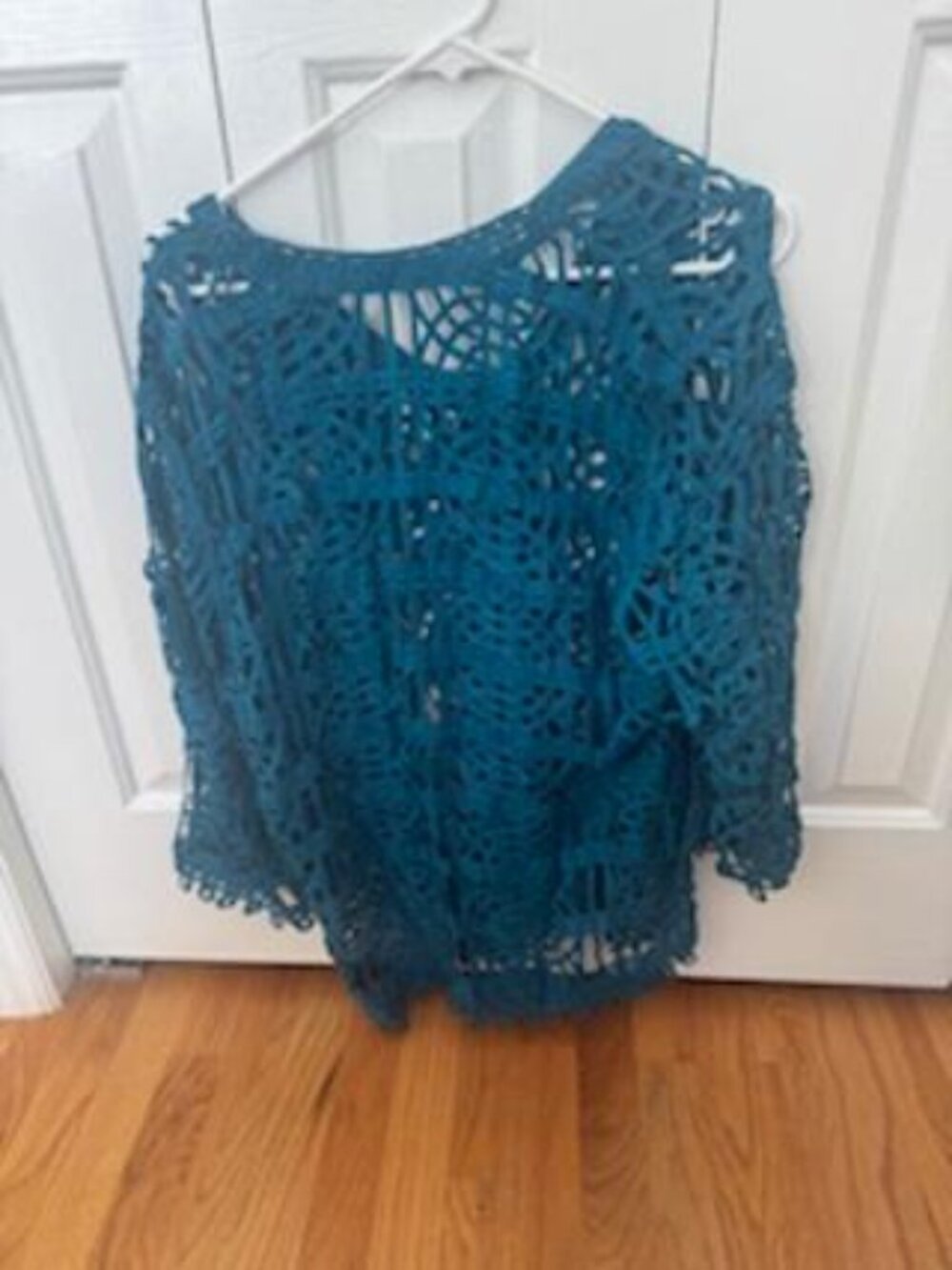 Chicos Refined Teal Crochet cutout top with three quarter sleeves - Picture 2 of 3